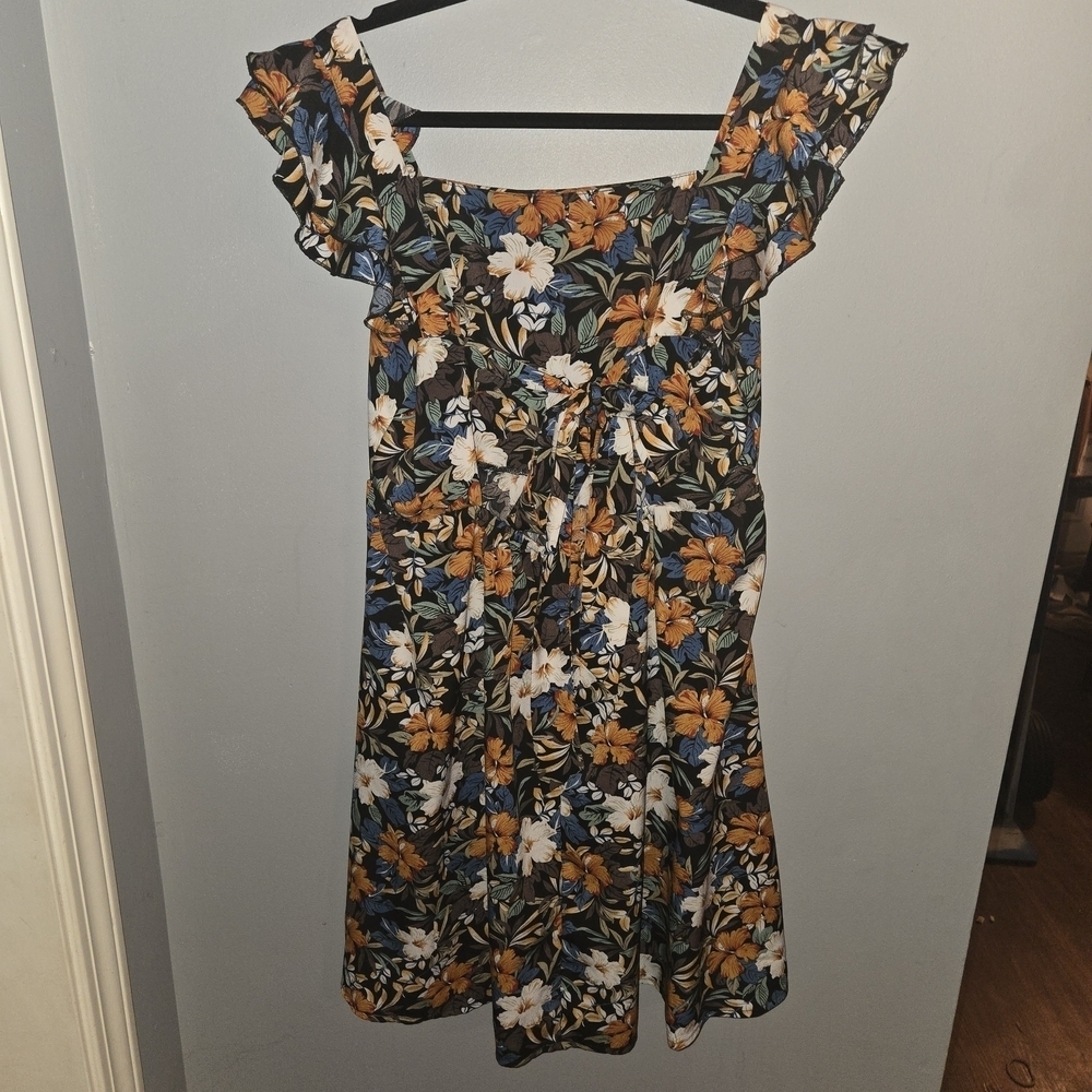 Large Floral Flowy Ruffle Sleeve Fall V Neck Dress Cottagecore Hippie Boho